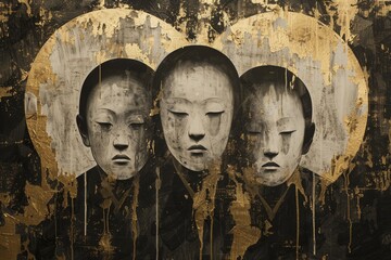 Japanese Noh Masks in Serene Ink Wash Painting with Gold Accents.