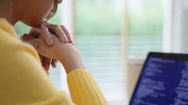 Asia people young woman study hard brownout bored remote work fix coding bug online read data tired sitting at home desk think worry in career job tough stress workforce mental health issue illness.