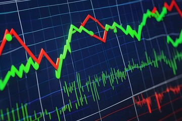 Naklejka premium Detailed financial chart closeup with an upward candlestick trend on a blue monitor background in the stock market.