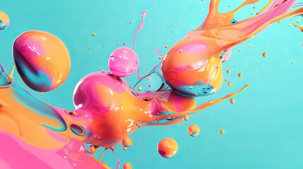 Colorful, melting blob shapes in a turquoise background. 3D abstract shapes. Perfect for banners or signs.