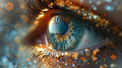 Closeup Beauty Portrait of Woman Blue Eyes On Blurry Background