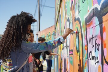 Fototapeta premium A street art session featuring diverse artists creating a vibrant urban graffiti mural on an outdoor wall to promote social change, in celebration of International Youth Day.