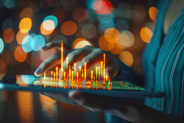  Financial growth and success concept. Close up of hands using tablet with glowing growing business chart on blurry background
