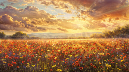 A painting portraying a field filled with a variety of colorful flowers in full bloom under a clear blue sky
