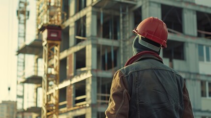 Fototapeta premium Confident site engineer overseeing construction project on a busy worksite with heavy machinery, blueprints, and safety gear, demonstrating professional expertise and leadership in civil engineering a