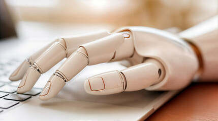 Close-Up of a Robotic Hand Typing on a Laptop Keyboard, Highlighting Technological Advancement and Artificial Intelligence in Modern Computing