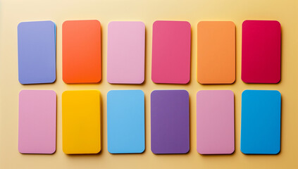 A set of colorful mindfulness cards, arranged neatly on a white table, with empty space around them, against a soft pastel yellow backdrop, concept of mental health and wellness, minimalist style