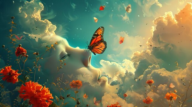Butterfly Perched on Nose in Dreamy Digital Art with Vibrant Colors.