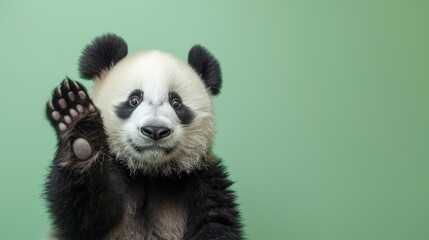 Fototapeta premium Gentle Panda Raising Its Paw in a Welcoming Gesture, Set Against a Soft Green Background