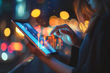 Financial growth and success concept. Close up of hands using tablet with glowing growing business chart on blurry background