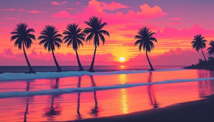 palm trees on the beach against the backdrop of sunset in retrowave