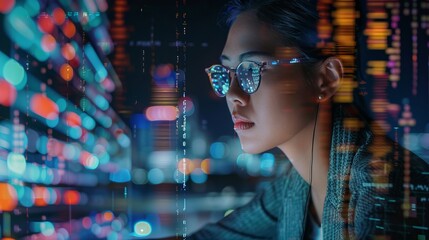 Business professional analyzing data analytics on tablet with hologram software coding overlay, featuring a programmer in glasses using 3d screen for cybersecurity and digital technology at night