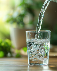 Drinking water is poured into glass with splashes and bubbles, isolated on on the table