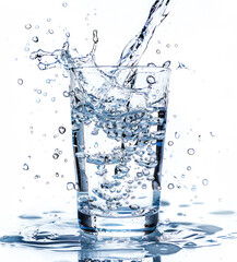 Drinking water is poured into a glass with splashes and bubbles, isolated on a white background