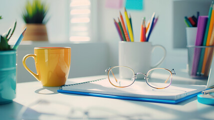 Creative Workspace Essentials: Vibrant Office Supplies and Coffee Mug