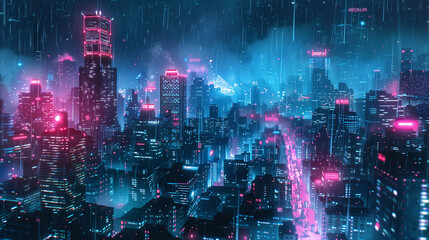 Dreamscape Urban: Pink and Blue Cyberpunk City, Generative AI .