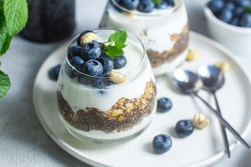 Granola with yogurt, chia and blueberries in a glass