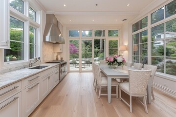 Modern Spacious Kitchen with Elegant Dining Area and Garden View