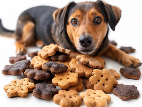 Dog treats bones cookies for training and encouragement in the white background there is a dachshund dog selective focus