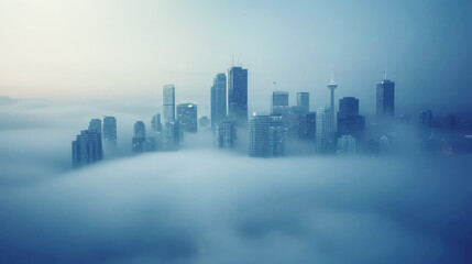 A stunning aerial view of a city skyline emerging through dense fog, creating a serene and mystical atmosphere at dawn.