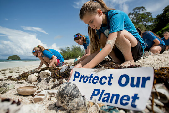 Children and volunteers are cleaning up the beach to protect the environment and increase awareness of conservation efforts. This activity is part of the International Youth Day celebrations. - Powered by Adobe