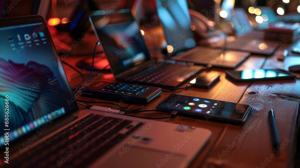 Poster interconnected tech devices in modern business setup featuring mobile phone, laptop, tablet, and sma