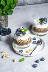 Granola with yogurt, chia and blueberries in a glass