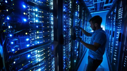 Technician inspecting and maintaining network servers in a data center with advanced technology equipment and cable management systems for efficient and secure operations