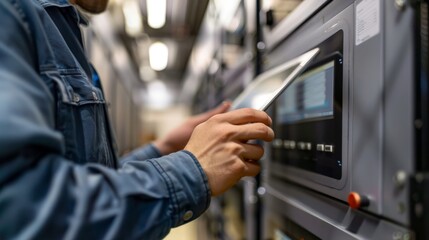 Technician inputting data on digital tablet in a modern server room with high-tech equipment and blue led lights, focused on network maintenance and it infrastructure management