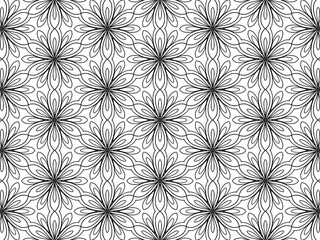 Retro abstract flower seamless pattern. Wrapping paper flat botanical design. Textile herbal ornament. Monochrome ornate background. Lace elegant fabric decor. Vintage geometric foliage backdrop