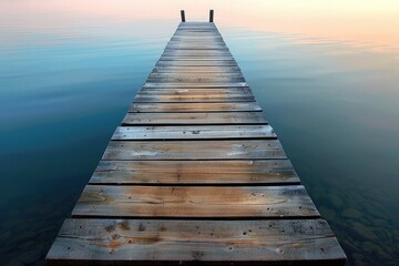 Obraz premium Symmetry: A Long Wooden Pier Extending into the Lake at Sunset