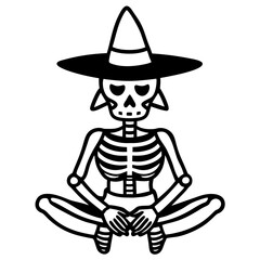 
Skeleton meditating, with a witch hat, vector silhouette 