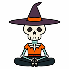 
Skeleton meditating, with a witch hat, vector silhouette 