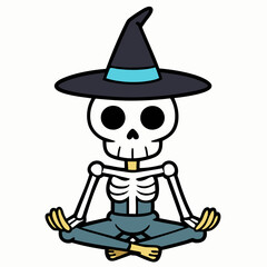 
Skeleton meditating, with a witch hat, vector silhouette 