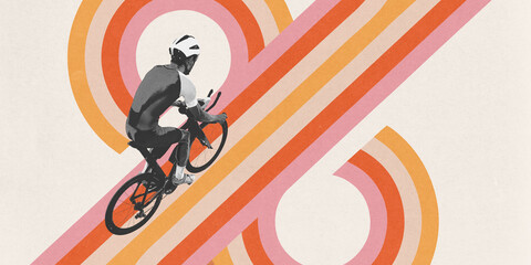 Athletics man in sportswear and helmet riding on bicycle against light background with abstract...