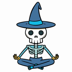 
Skeleton meditating, with a witch hat, vector silhouette 