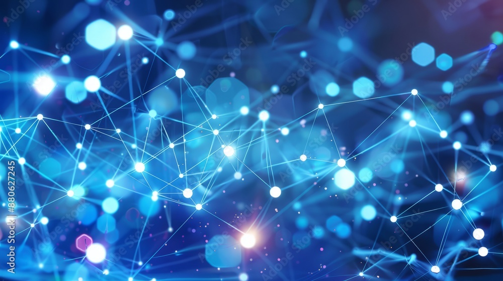 Poster abstract technology network background featuring interconnected nodes and digital lines on a dark bl