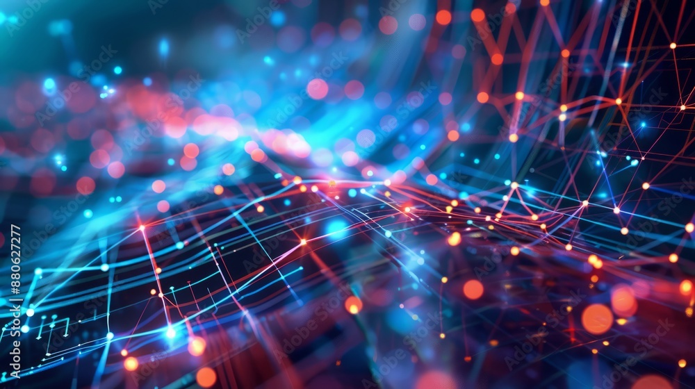 Poster abstract technology network background featuring interconnected nodes and digital lines on a dark bl