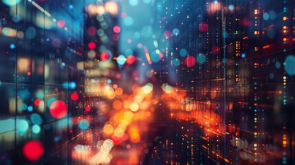 Fototapeta premium Futuristic technology interface screen with blurred city lights background, showcasing advanced digital displays and abstract urban nightscape, ideal for innovative tech concepts, smart city solutions