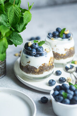 Granola with yogurt, chia and blueberries in a glass