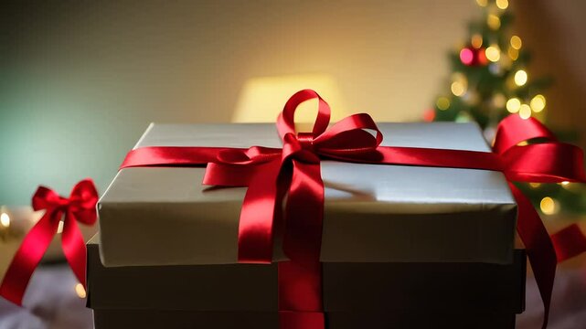 A beautiful gift box opens to reveal Merry Christmas typography. Christmas-themed animated background