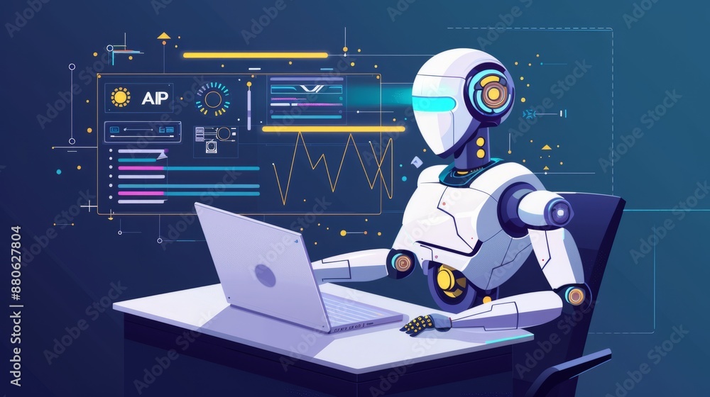 Poster advanced robot with artificial intelligence assisting maintenance engineer at digital display, futur