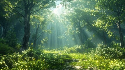 Obraz premium Serene forest with sunbeams filtering through the trees, creating a peaceful atmosphere