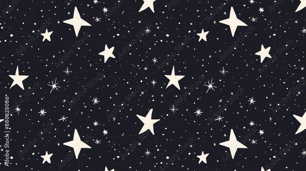 Poster a seamless pattern of stars of different sizes on a dark background.