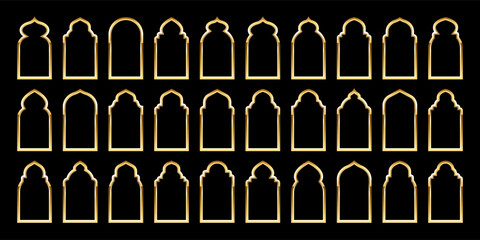 Islamic frames, oriental style. Golden arabic shapes, windows and arches. Traditional ornamental banner, frame. Muslim holidays, Ramadan Kareem. Modern eastern architecture. Vector illustration
