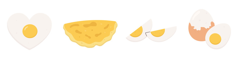 various cooked eggs illustration, fried, omelette, halved, chicken eggs, whole, uncooked, boiled, cooking ingredient, organic product, food, breakfast