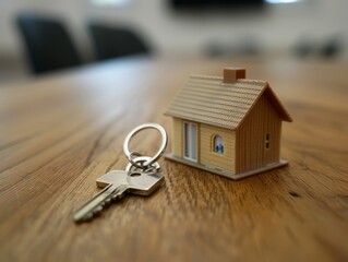 A close-up of a house key next to a small wooden home model on a wooden table, symbolizing home ownership.