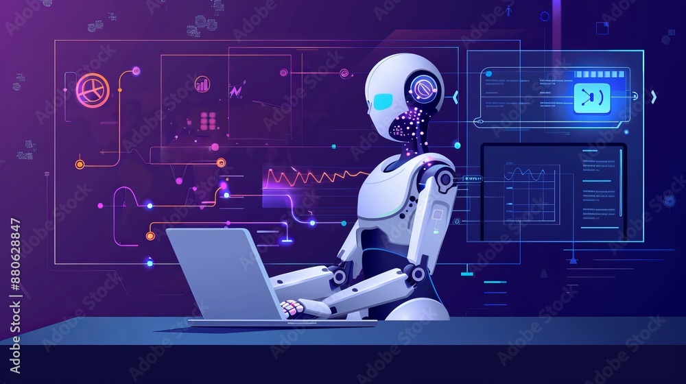 Poster advanced robot with artificial intelligence assisting maintenance engineer at digital display, futur