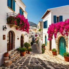 Fototapeta premium picturesque Mediterranean seaside village with whitewashed buildings, narrow cobblestone streets, and vibrant bougainvillaea flowers