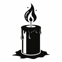 Vector illustration of a black and white candle with a flickering flame and dripping wax, silhouette